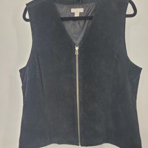 Nordstrom Sharp! Womens Vest Suede Leather Black Waist Length Full Zip V Neck  L